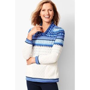 Talbots Fair Isle Blue Snowflake Striped Cross Mockneck Knit Pullover Top